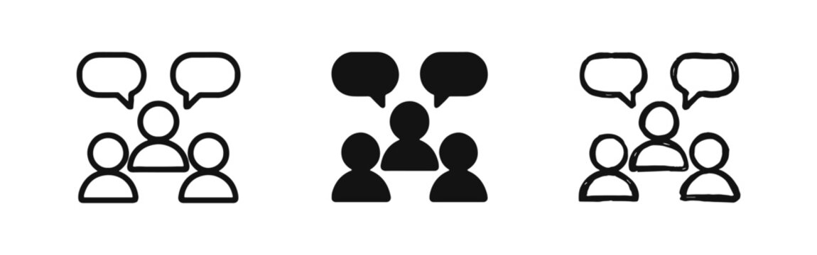 Communication and group discussion icon set with people silhouettes and speech bubbles