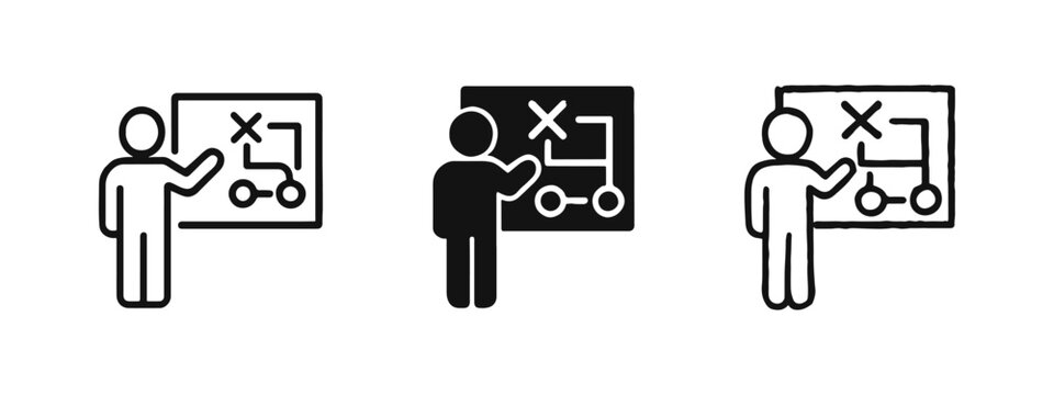 Business strategy icon set with person pointing to a tactical planning board for problem solving