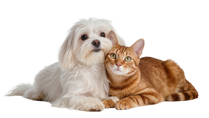 Fluffy white Maltese dog and orange tabby cat resting together, isolated on transparent background
