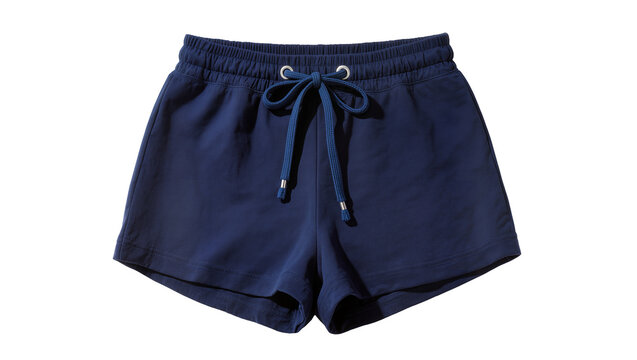 Navy blue cotton shorts with drawstring and metal tips, isolated on transparent background