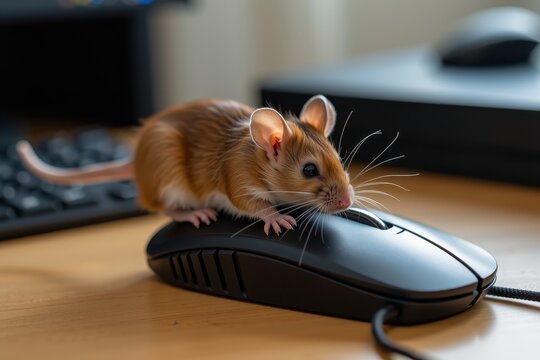 A lone mouse scurrying across a desk and accidentally clicking the "Submit" button on a computer mouse.