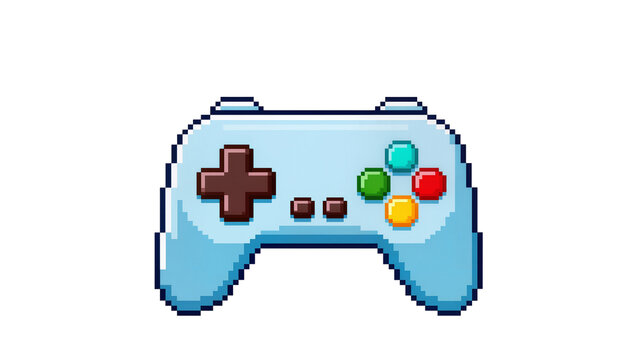 Pixelated light blue video game controller with colorful buttons, isolated on transparent background