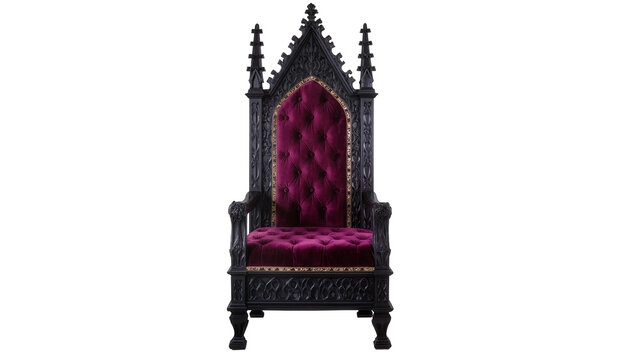 Ornate black gothic throne chair with deep purple velvet upholstery, isolated on transparent background
