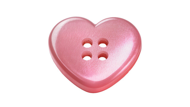 Shiny pink heart-shaped button with four holes, isolated on transparent background