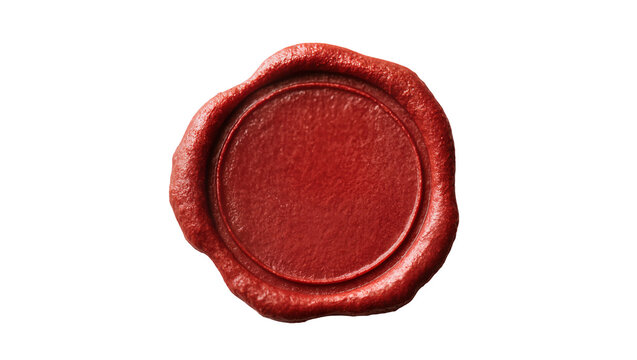 Crimson red wax seal stamp with textured surface, isolated on transparent background