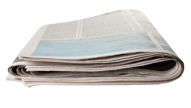 Folded stack of newspapers with text and blue section, isolated on transparent background