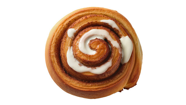 Golden brown cinnamon roll with white icing swirl, isolated on transparent background