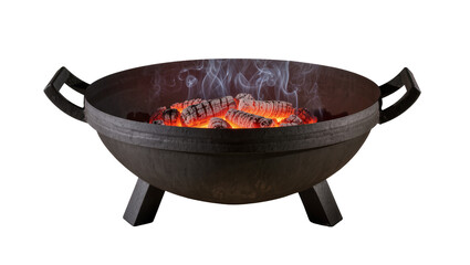 Black cast iron fire pit with glowing embers and smoke, isolated on transparent background © Bogdan