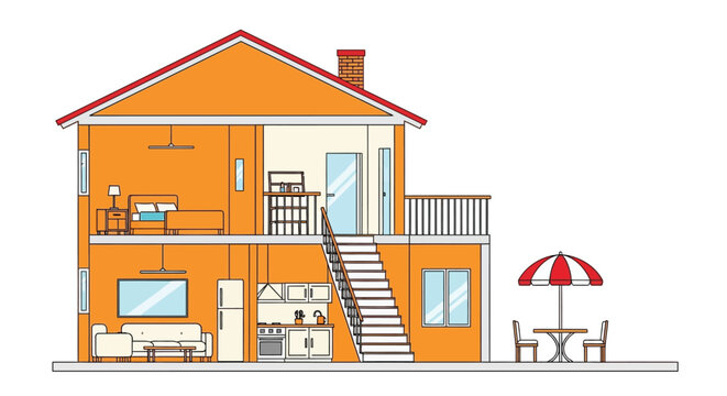 Illustration of a two story orange house with cutaway view of interior