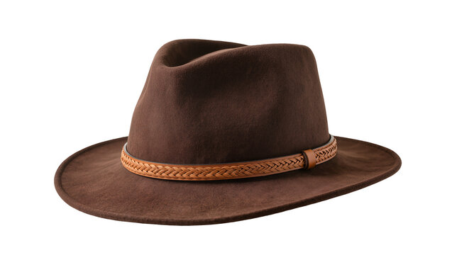 Brown felt fedora hat with braided leather band, isolated on transparent background