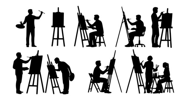 Silhouettes of artists painting on easels in studio black vector illustration set