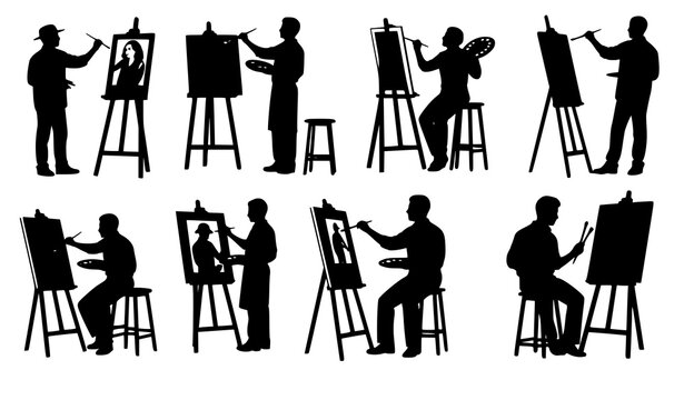 Trendy silhouettes of painters working on easels isolated studio artist vector set