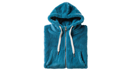 Teal blue plush hooded jacket with zipper and white drawstrings, isolated on transparent background © Bogdan