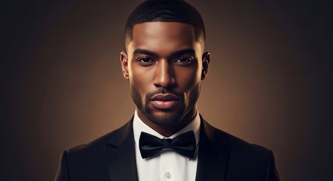 Elegant Black Man in Tuxedo and Bow Tie, Confident Portrait, Formal Attire, Studio Lighting