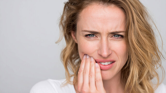 Woman reacting to cold sensation touching teeth, dental sensitivity pain, clean bright background