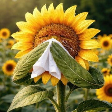 A whimsical sunflower is shown sneezing into a tissue nestled between its leaves, its bright yellow petals standing out against the vibrant green backdrop