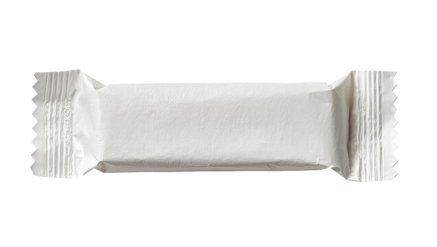 Small white candy bar wrapper with crimped ends, isolated on transparent background