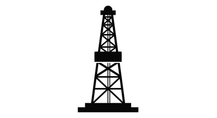 A stark black silhouette of an oil derrick stands prominently against a plain white background © Pvect02