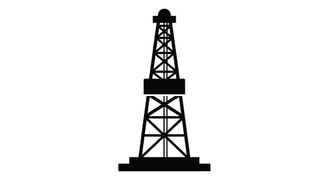 A stark black silhouette of an oil derrick stands prominently against a plain white background