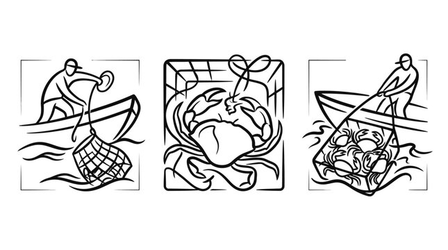 Illustration of Crab Fishing - Boat, Net, and Crustacean Catch.