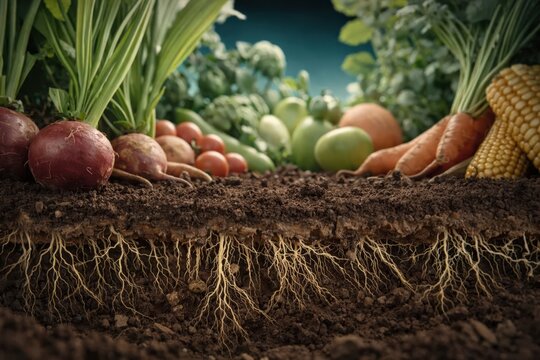 Fresh organic vegetables growing in soil with visible roots underground