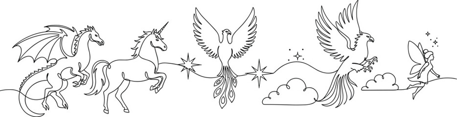 Fototapeta premium Mythical Creature Vector Set Featuring Continuous One Line Art Of Dragon Unicorn Phoenix Griffin And Fairy For Fantasy Folklore Storytelling And Minimalist Magic Graphic Designs