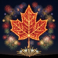 Fototapeta premium Creative Canada Day Fireworks in Shape of Maple Leaf Exploding Over City Night Sky — Canadian Patriotic Celebration Concept