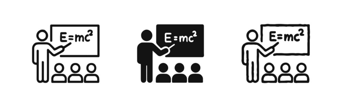 Teacher lecturing physics theory in classroom icon set in outline, solid, and hand-drawn styles