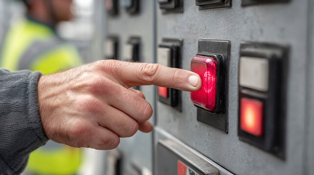 Technician testing emergency shutdown button on a wind turbine system, concept of operational safety