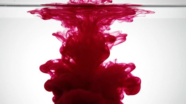 Red ink dissolving in water, forming beautiful abstract shapes and patterns against a white background.