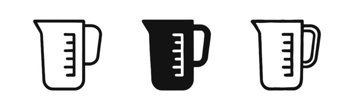 Kitchen measuring cup icon set for cooking in outline, solid, and hand-drawn doodle styles