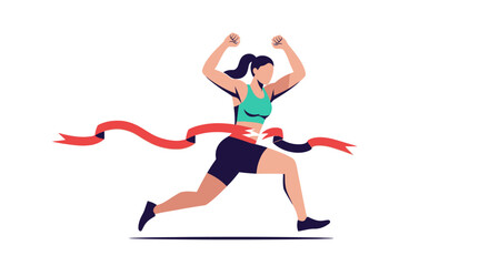 Fototapeta premium Female Runner Crossing Finish Line and Winning Marathon, Flat Vector Illustration of Successful Athlete Character Celebrating Victory Isolated on White Background