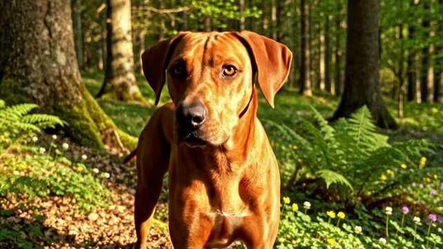 Majestic Rhodesian Ridgeback dog with brown fur standing in a serene forest under the sunlight watching