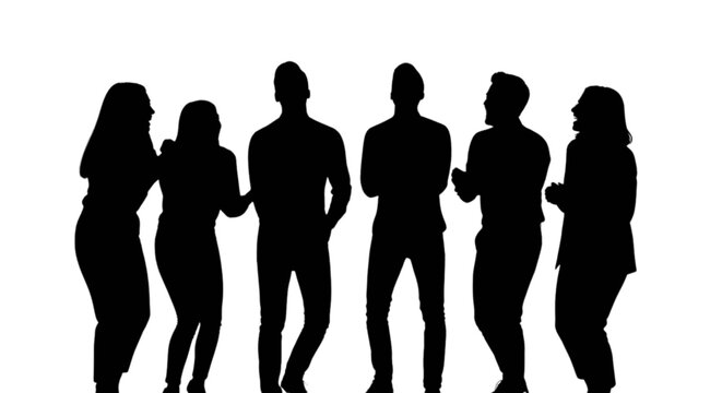 Group of five silhouetted people standing together in a line isolated on transparent background, Vector