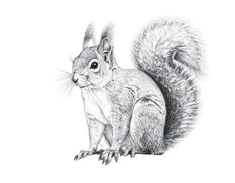 Detailed pencil drawing of a curious gray squirrel with fluffy tail and textured fur