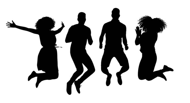 Four silhouettes joyfully jumping in unison against a plain background isolated on transparent background, Vector