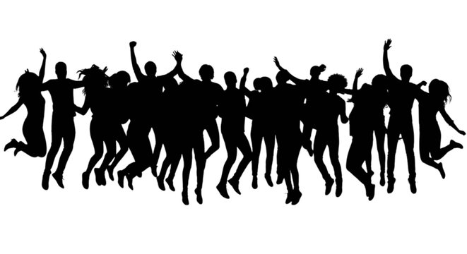 Group of people celebrating with arms raised in unison isolated on transparent background, Vector