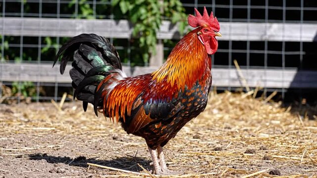 Beautiful rooster standing proudly in a sunny outdoor enclosure with a fence and straw ground cover
