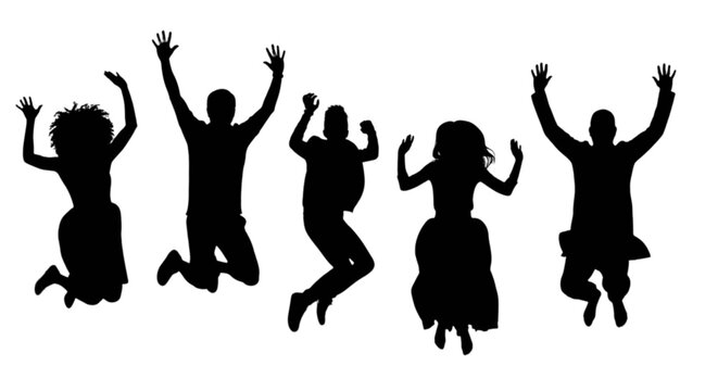 Five children joyfully jumping with arms raised in unison isolated on transparent background, Vector