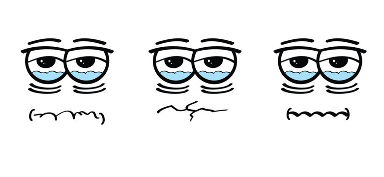 Crying, watering eyes. Tears and expression, grieve face. Tear cry eye icon. Eyes full of tears. Cartoon cry face. Sick or illness face. Cry, water drop person. grieve face.