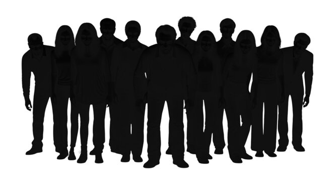 Group of diverse silhouettes standing closely together in unity isolated on transparent background, Vector