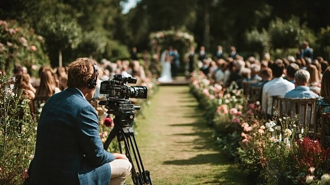 Professional videographer capturing the special moments of an outdoor wedding ceremony in a beautiful rose garden, recording the bride and groom for a memorable video