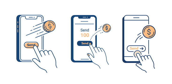 Sending money via mobile app illustration with dollar coins and phone