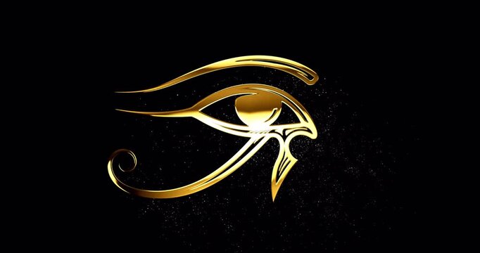 Gold egyptian Eye of Ra symbol, ancient wedjat-eye sign, symbol of Eye of Horus with glare falling particles, seamless footage
