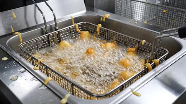 Deep frying delicious battered food in commercial kitchen deep fryer cooking process