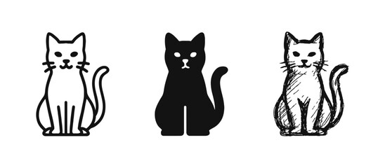 Fototapeta premium Cat Silhouette Icon Set featuring Sitting Feline in Line, Solid, and Hand-Drawn Styles