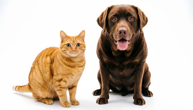 Kucing oren dan anjing cokelat duduk berdampingan di latar putih
