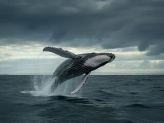 Fototapeta premium Humpback Whale Breaching Out of the Ocean Under Dramatic Stormy Sky