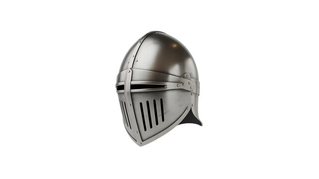 Detailed medieval metal knight helmet featuring a protective visor and metallic sheen designed for historical reenactment enthusiasts displayed as a single item on transparent background