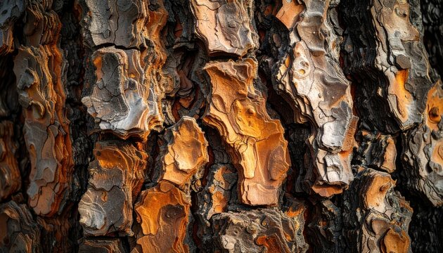 Close-up Macro View of Rough Textured Tree Bark with Warm Sunlight Highlights.